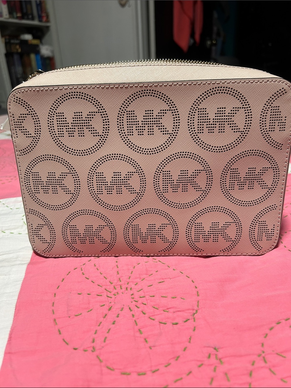 Michael Kors Blush Perforated MK Logo Zip Pouch